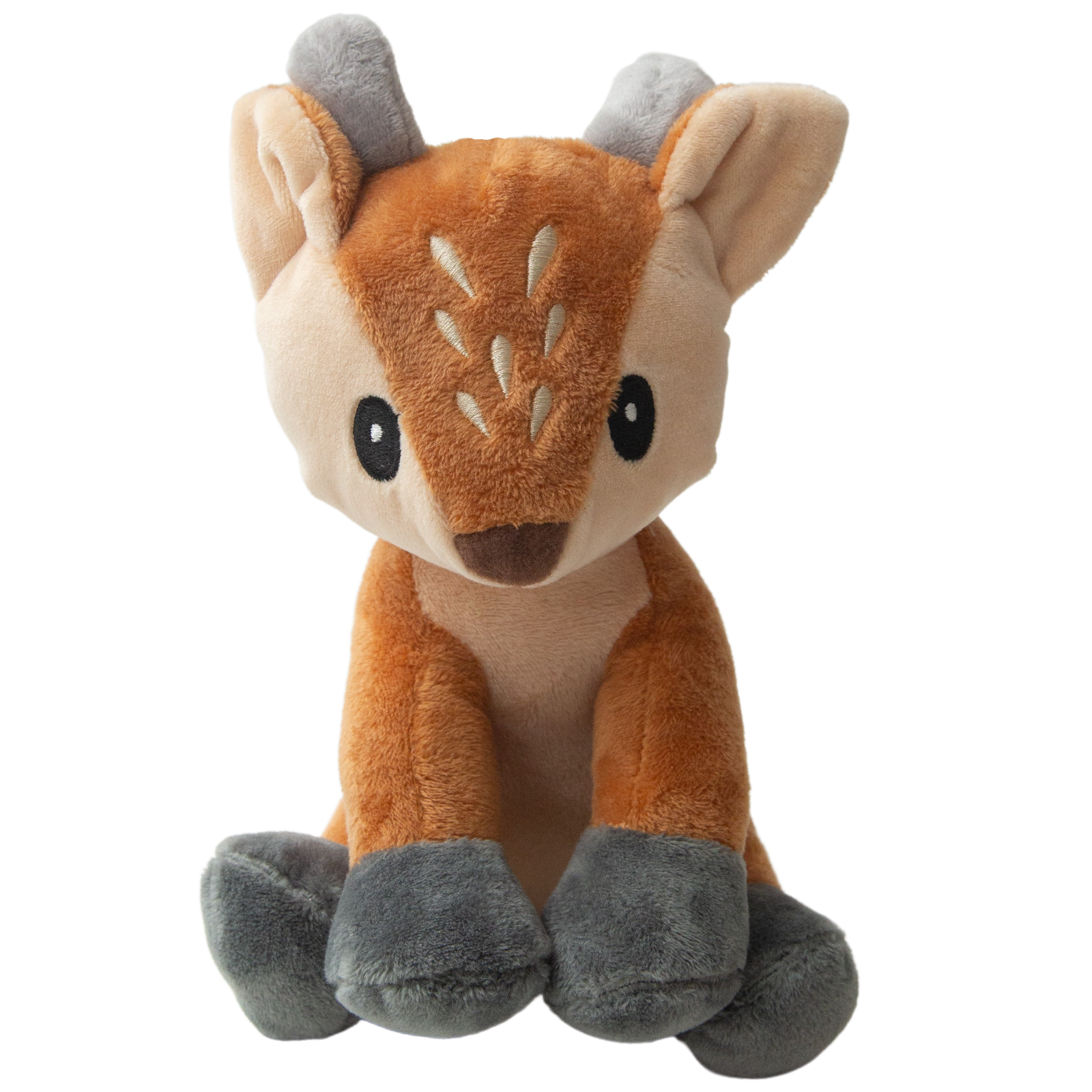 A plush toy depicting a brown and white deer with gray accents on the ears and paws.