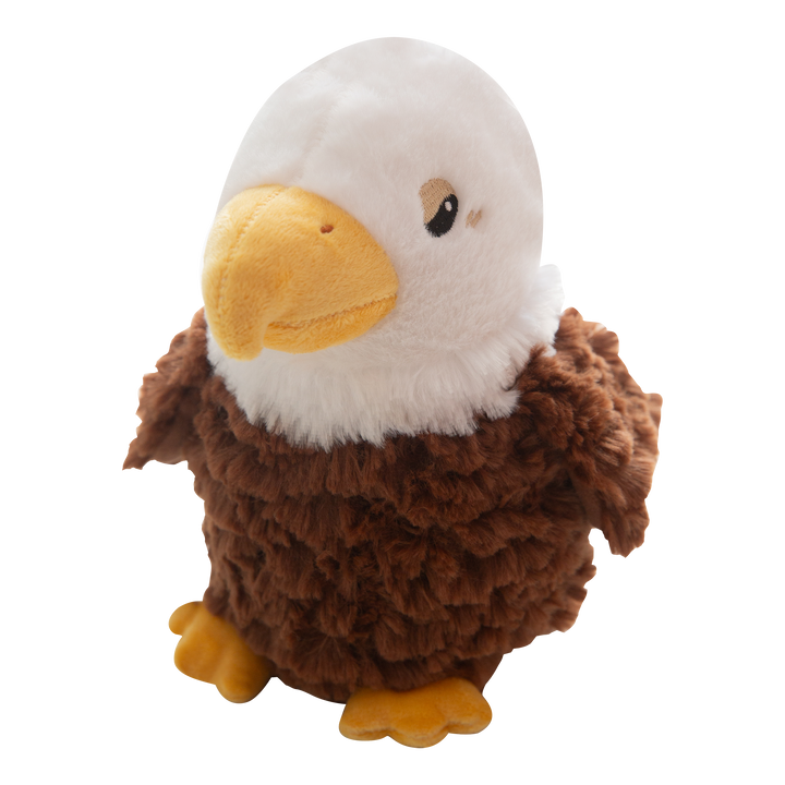Evan the Eagle by Snugarooz is a plush dog toy featuring a white head, yellow beak and feet, brown fuzzy body, and small black eyes, shown on a plain white background.