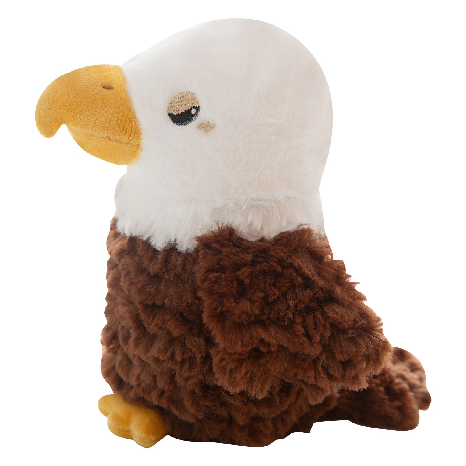 Evan the Eagle by Snugarooz is a plush dog toy featuring a white head, yellow beak and feet, brown fuzzy body, and small black eyes, shown on a plain white background.