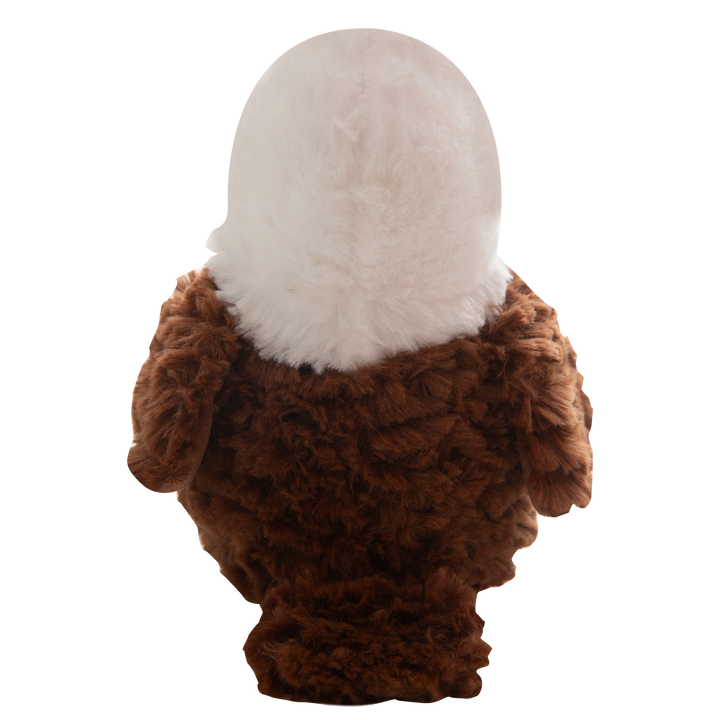 Evan the Eagle by Snugarooz is a plush dog toy featuring a white head, yellow beak and feet, brown fuzzy body, and small black eyes, shown on a plain white background.