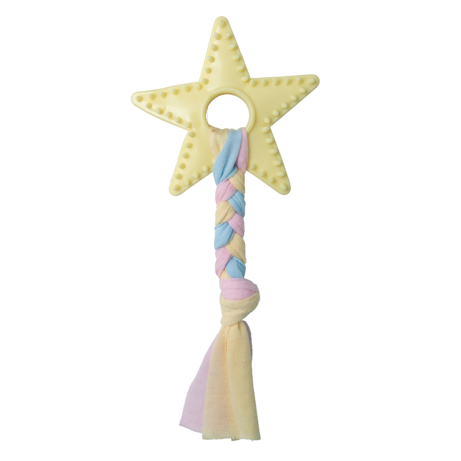 A yellow star-shaped dog chew toy with a braided cotton rope attached for tug-of-war play.