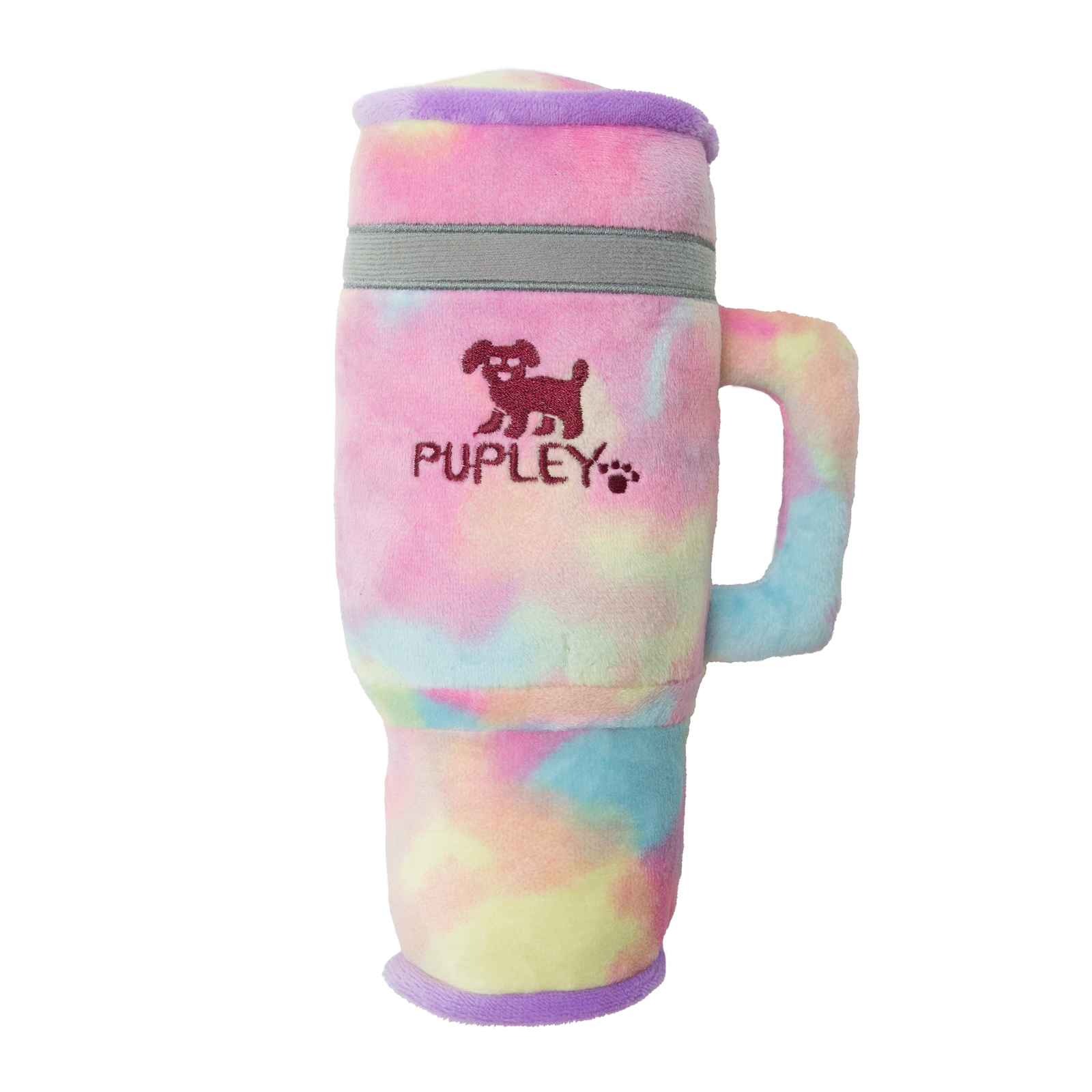 A plush toy resembling a multicolored tumbler with a 'Pupley' logo on it, designed for dogs.