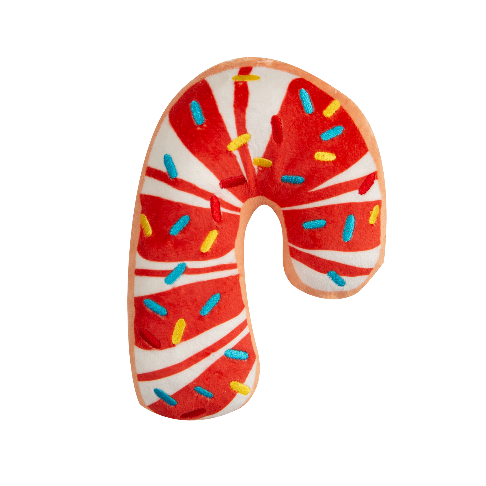 A candy cane-shaped plush toy with red swirls and colorful sprinkle accents.