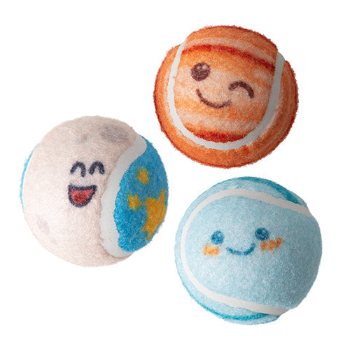 Pack of three tennis balls that are blue and orange, featuring smiling faces on each.