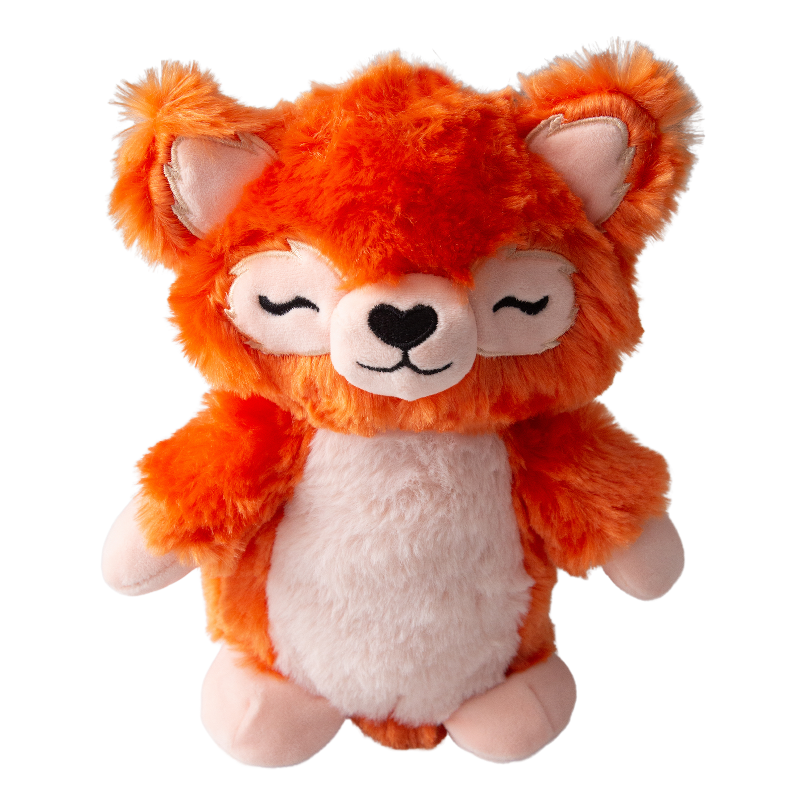 A plush toy resembling a orange and white panda with a happy facial expression.