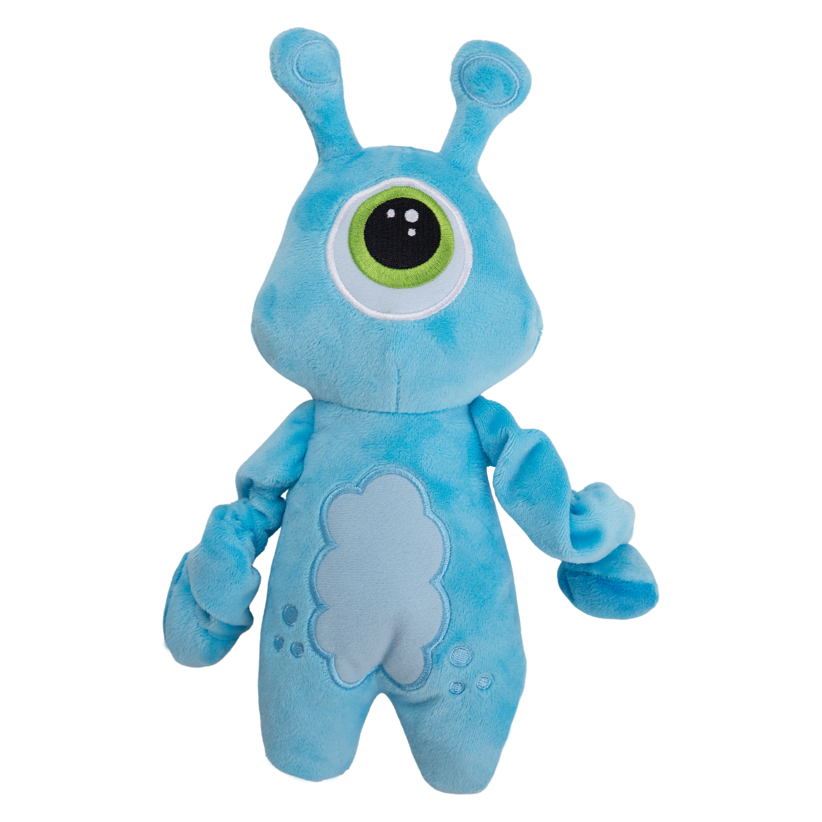 A plush toy depicting a blue alien with a single large eye and ears resembling an  antenna. The toy appears soft and is designed with a white belly and accents of lighter blue.