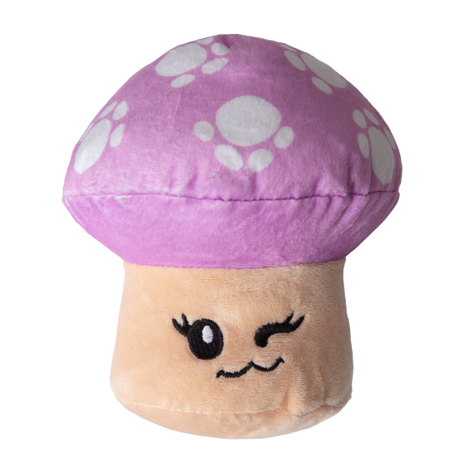 A plush dog toy designed to look like a purple mushroom with a winking face.