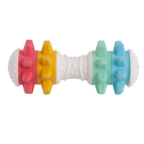 A colorful nylon bone dog toy with a bumpy texture and multiple colors, including red, yellow, blue, and green.