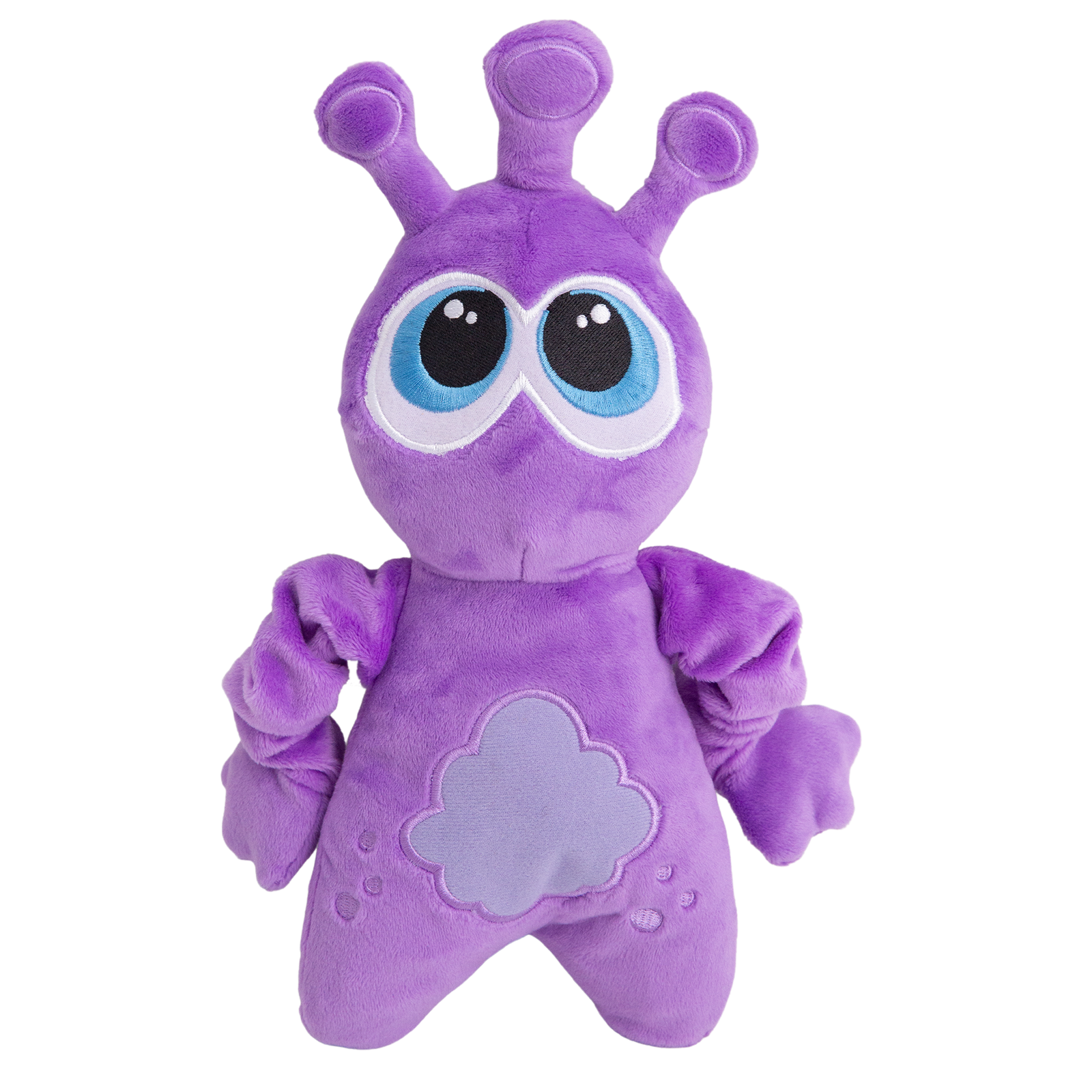 A plush purple alien toy with 3 antenna like ears and crinkly arms, designed for dogs.