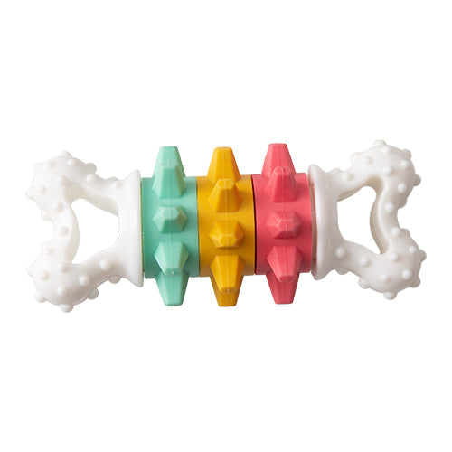 A colorful nylon dog bone toy with a textured surface and twistable rings in green, orange, and white.