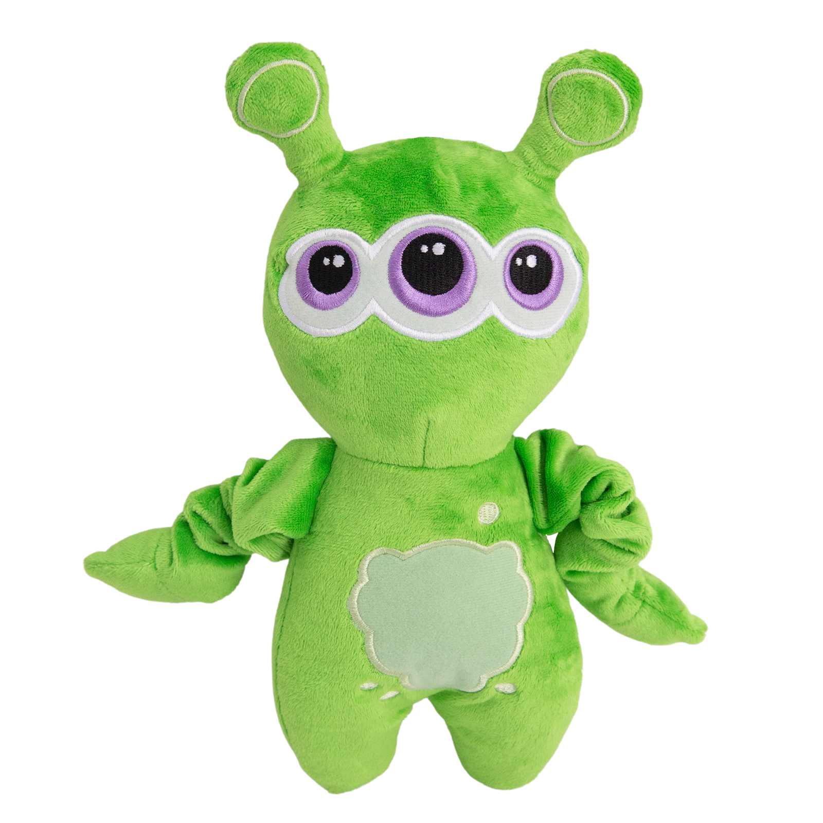 A plush toy depicting a green alien with three eyes and antennae, designed for dogs.