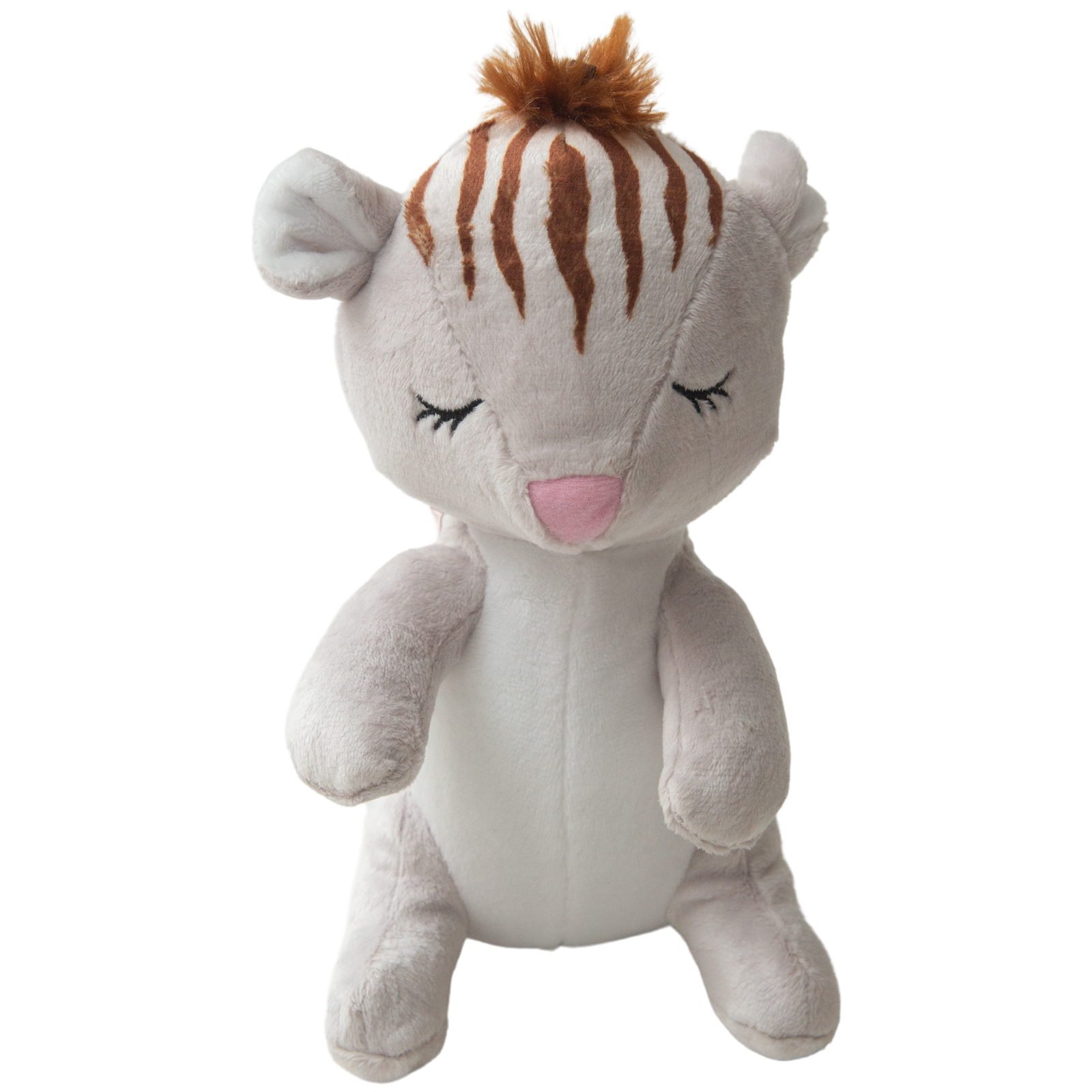 A plush toy resembling a squirrel with a gray body, white underbelly, and a brown tail.