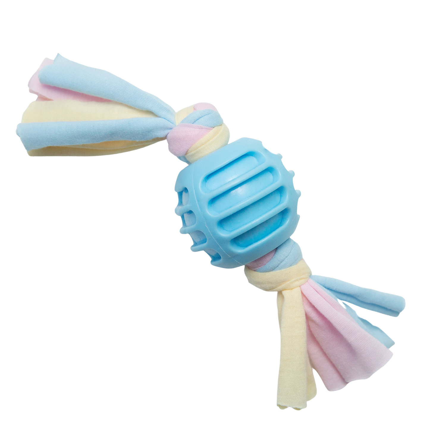 A blue and pink snuggle ball dog toy with a braided cotton rope attached.