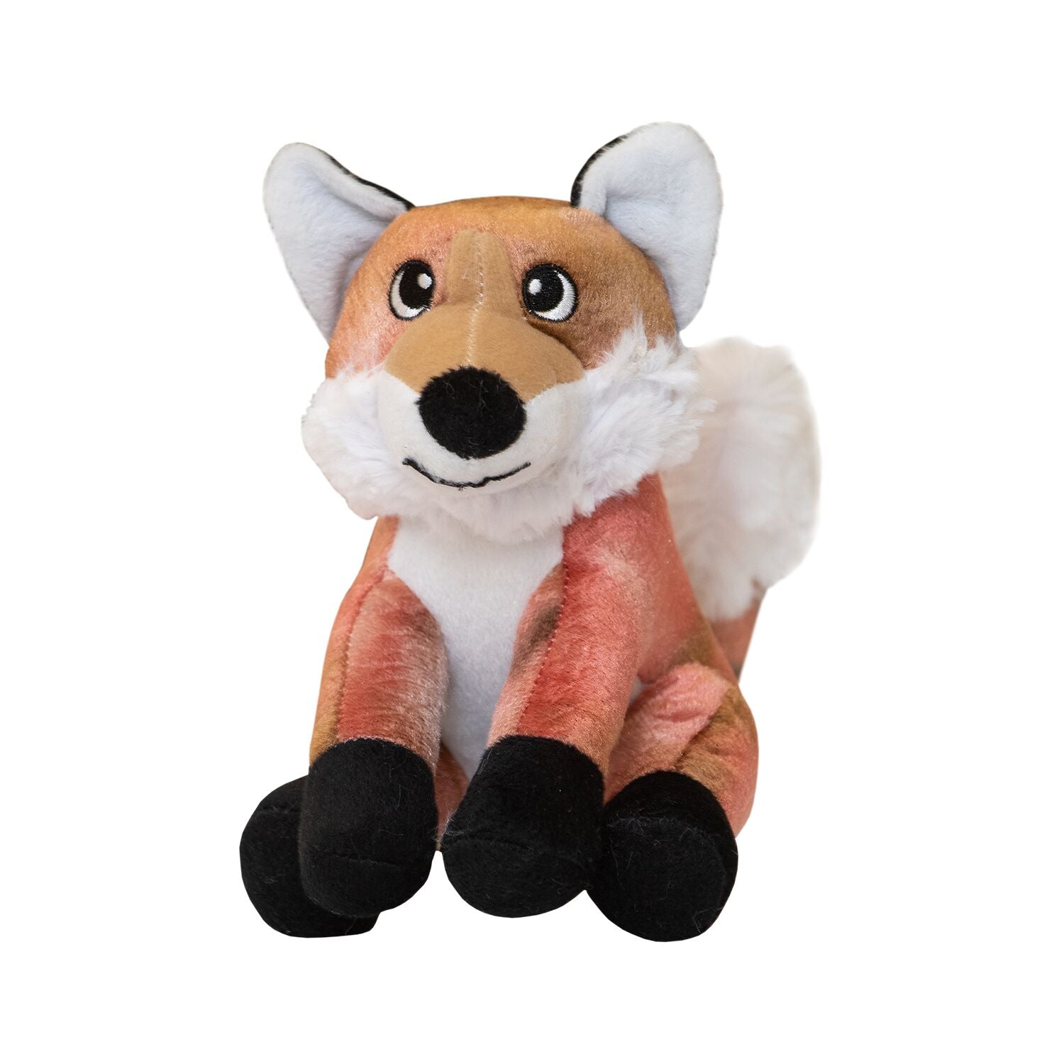 A plush fox dog toy with multicolored fabric, cute embroidered eyes, and a smiling expression.