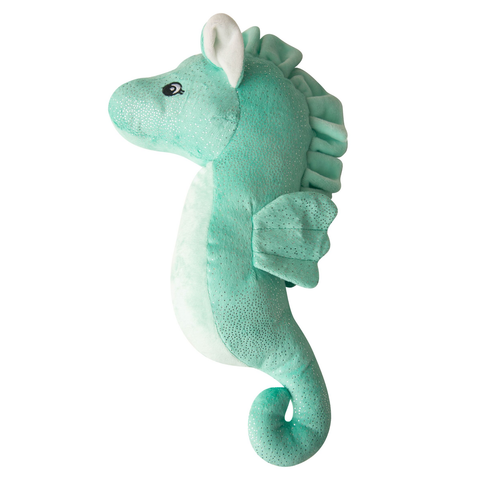 A plush sea horse toy in a green color with a textured body and white accents on the fins and tail.