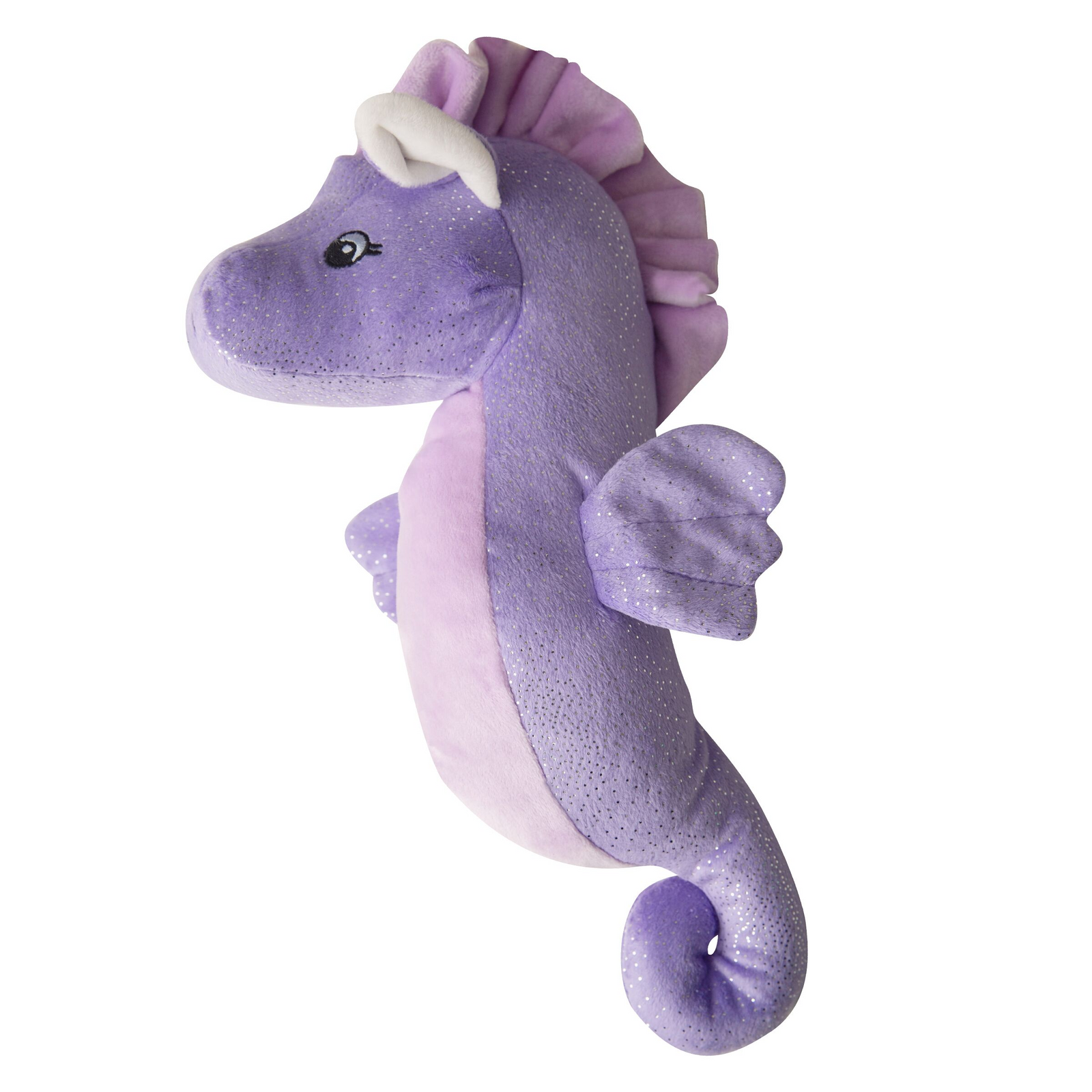 A plush sea horse toy in purple color with a textured design and a squeaker.