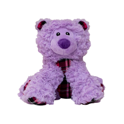 A plush purple bear toy with plaid accents, designed for dogs.
